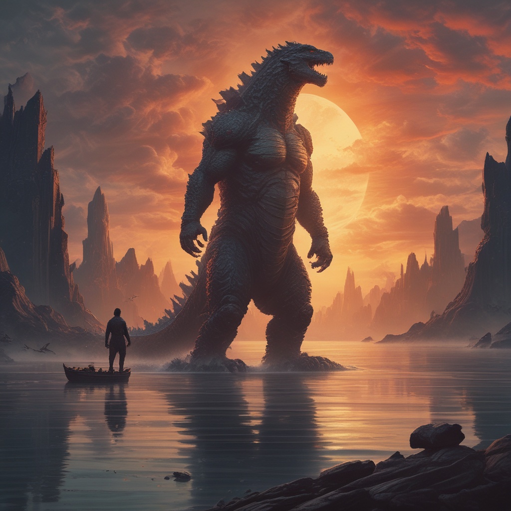 Godzilla standing next to Jasper van Bragt in a calm setting